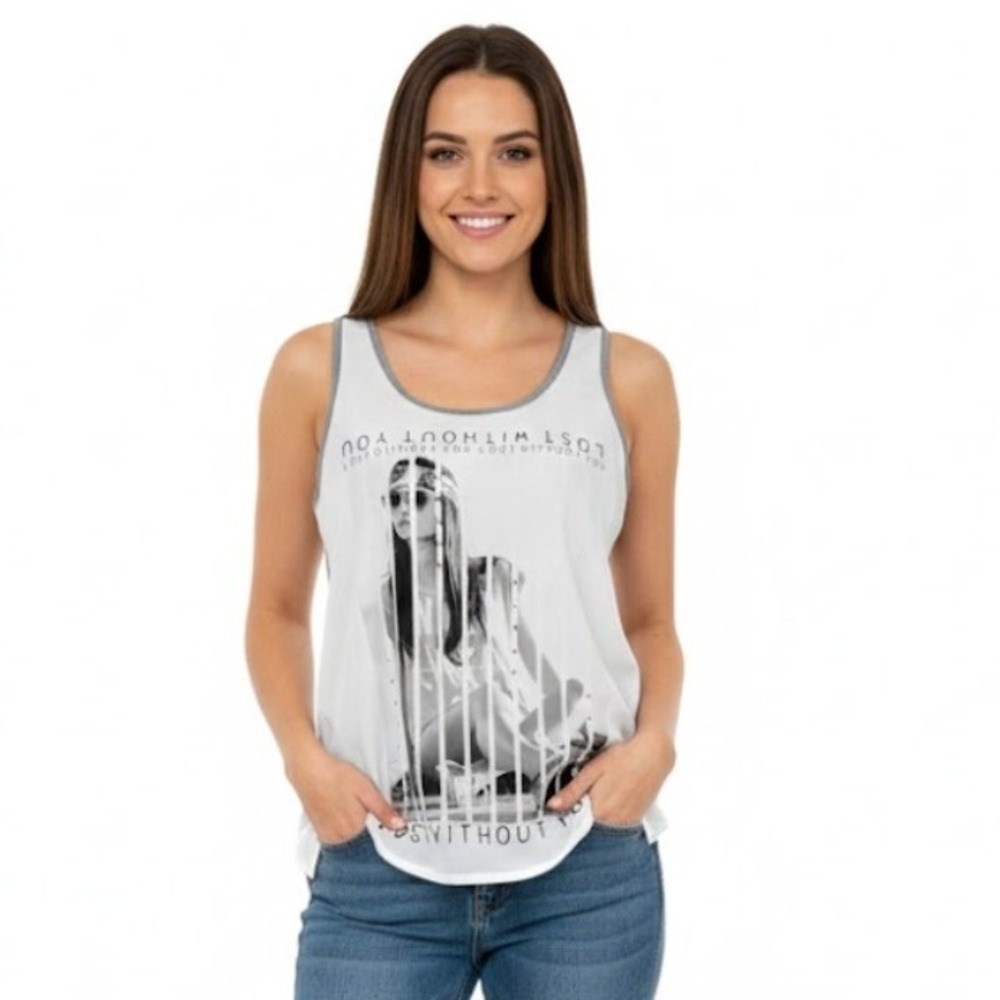 Pimkie Women Gray Sheer Tank‎ Top Graphic and Rhinestone Accent Sleeveless M Y2K